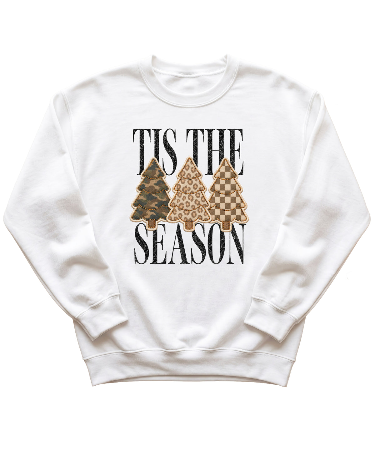 Tis the Season Christmas tree sweatshirt for women in White with faux patch camo, leopard and checkered trees