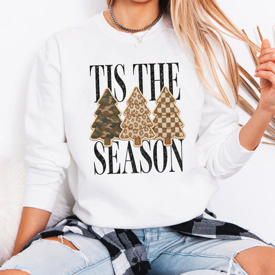 Tis the Season Christmas tree sweatshirt for women in White with faux patch camo, leopard and checkered trees
