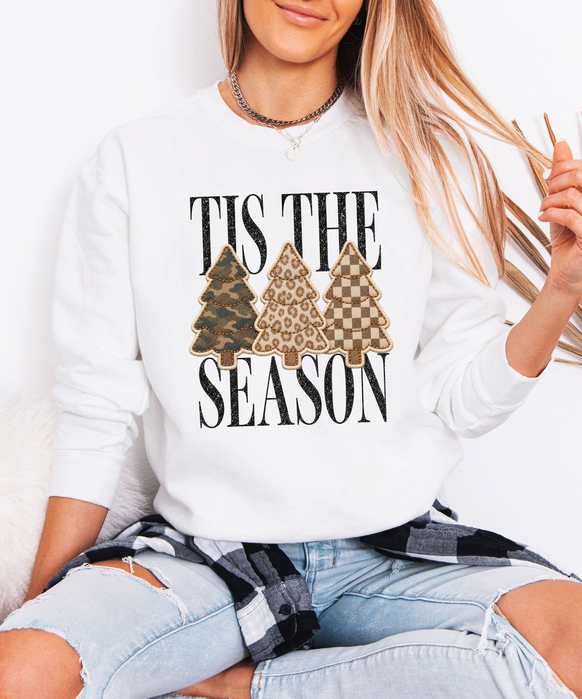 Tis the Season Christmas tree sweatshirt for women in White with faux patch camo, leopard and checkered trees
