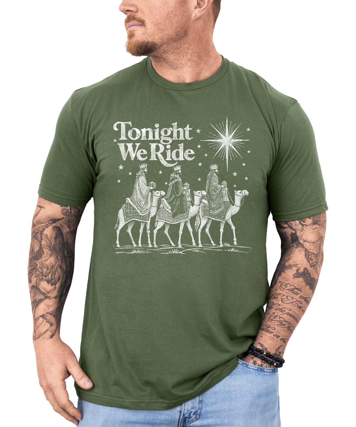 Tonight We Ride Three Wise Men Christian Christmas Shirt in Military Green