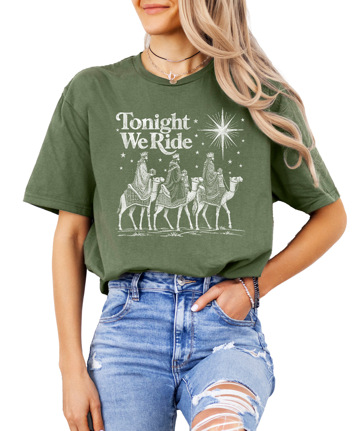 Tonight We Ride Three Wise Men Christian Christmas Shirt in Military Green