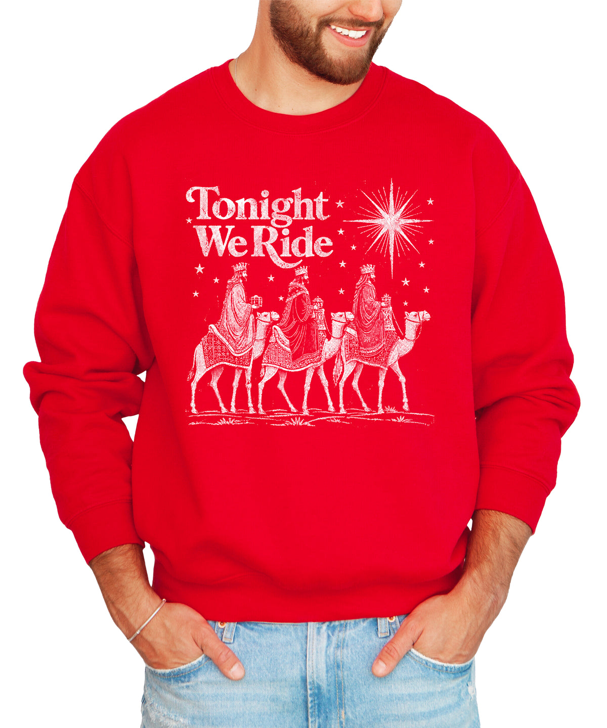 Tonight We Ride Three Wise Men Christian Christmas Sweatshirt in Red