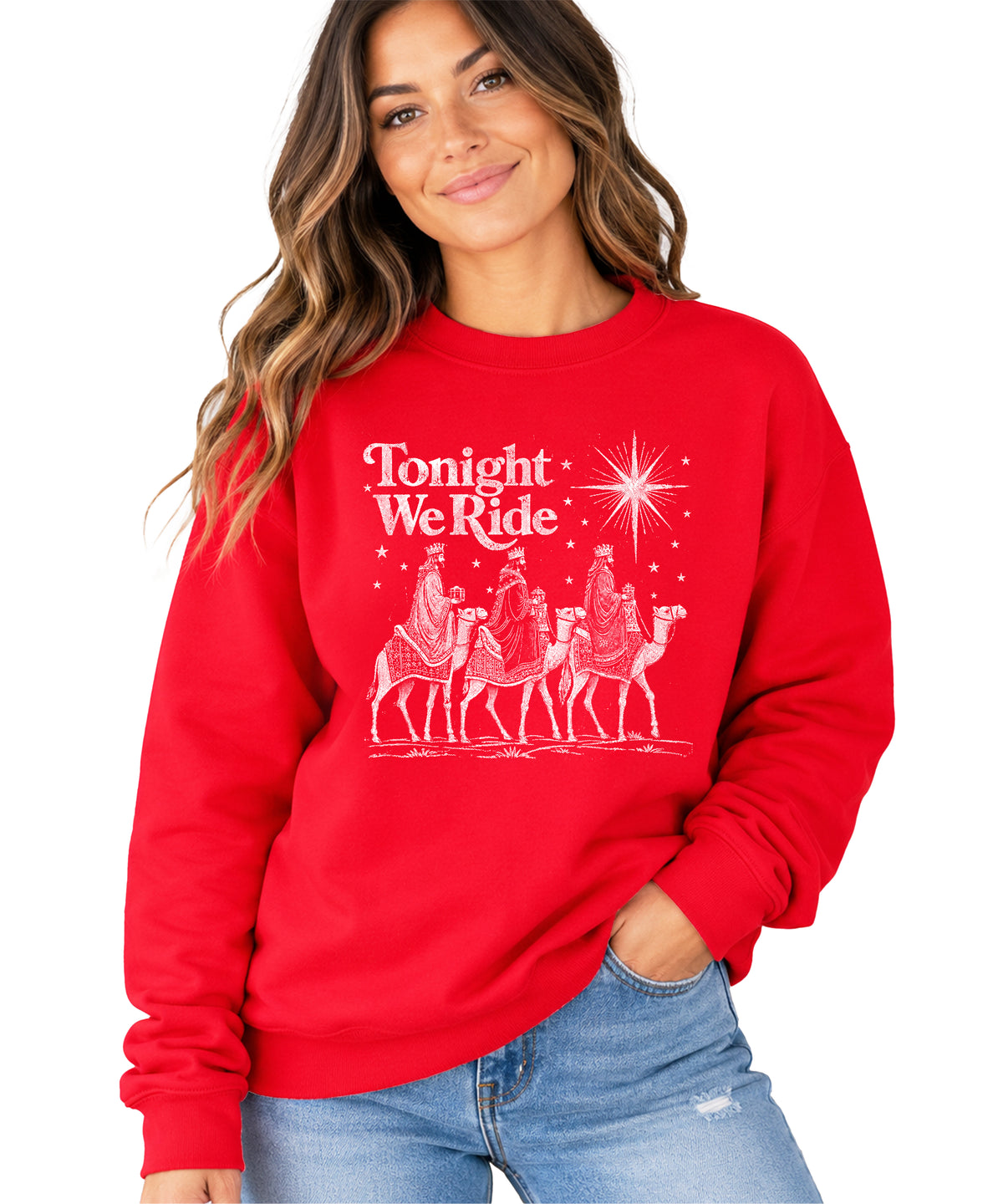 Tonight We Ride Three Wise Men Christian Christmas Sweatshirt in Red