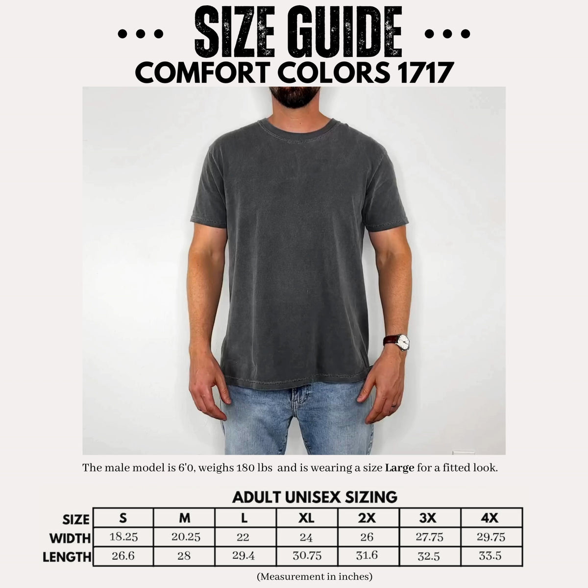 Comfort Colors 1717 mens size guide chart, sizes S to 2XL with width and length measurements