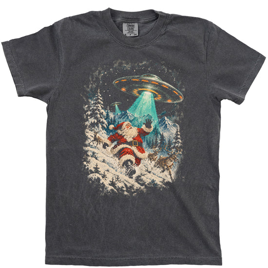 Funny Santa UFO alien abduction Christmas shirt, Pepper Comfort Colors tee, front