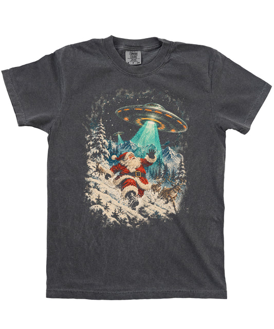 Funny Santa UFO alien abduction Christmas shirt, Pepper Comfort Colors tee, front