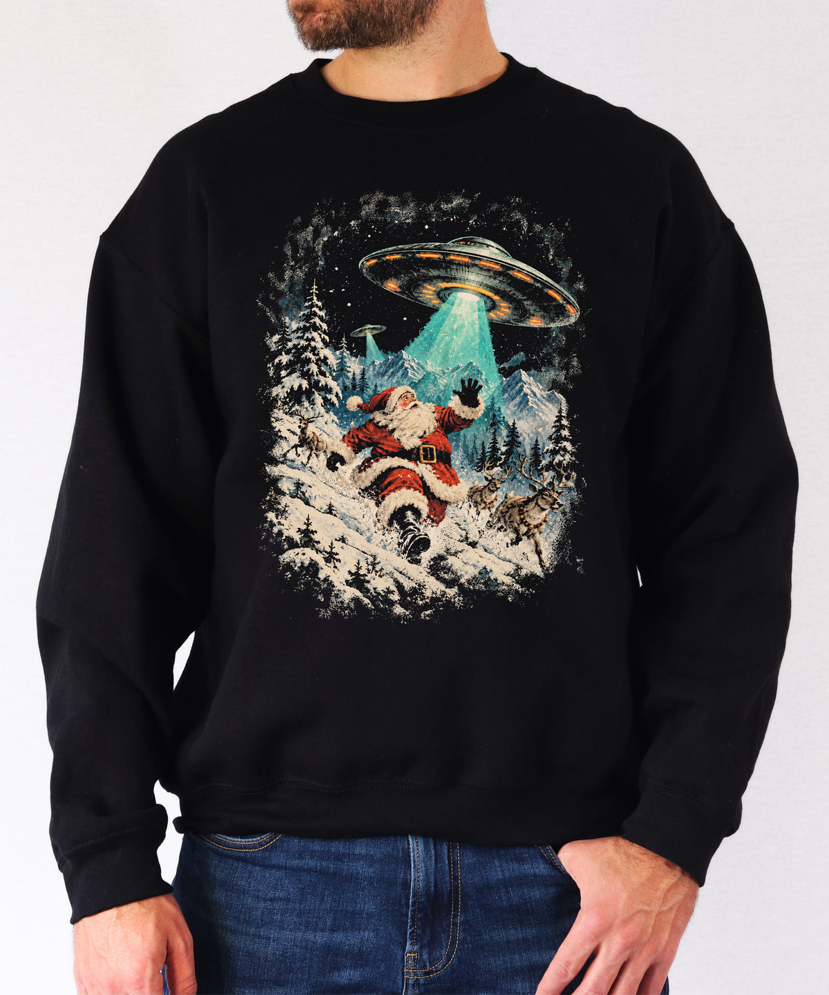 Santa UFO alien abduction funny Christmas sweatshirt in Black - view 3