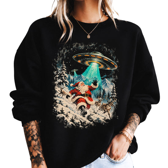 Santa UFO alien abduction funny Christmas sweatshirt in Black - view 5