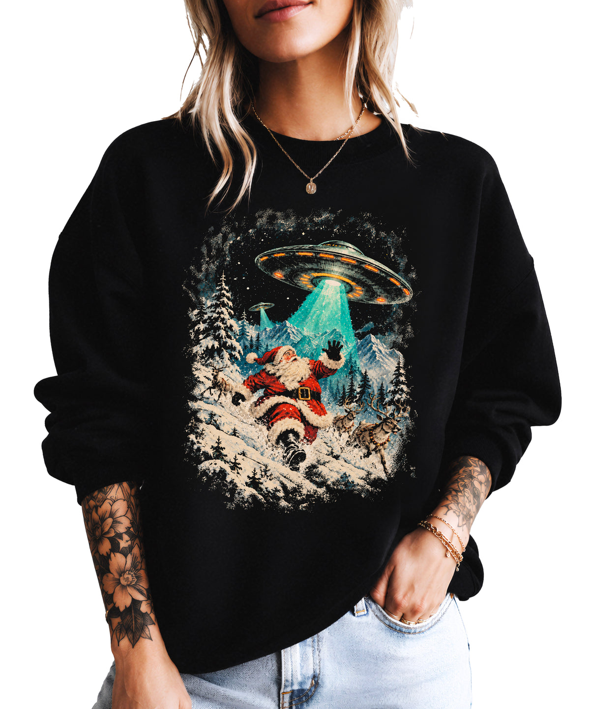 Santa UFO alien abduction funny Christmas sweatshirt in Black - view 5