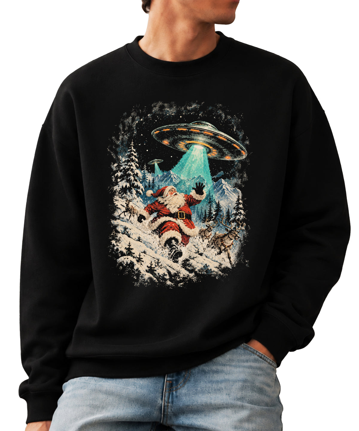 Santa UFO alien abduction funny Christmas sweatshirt in Black - view 6