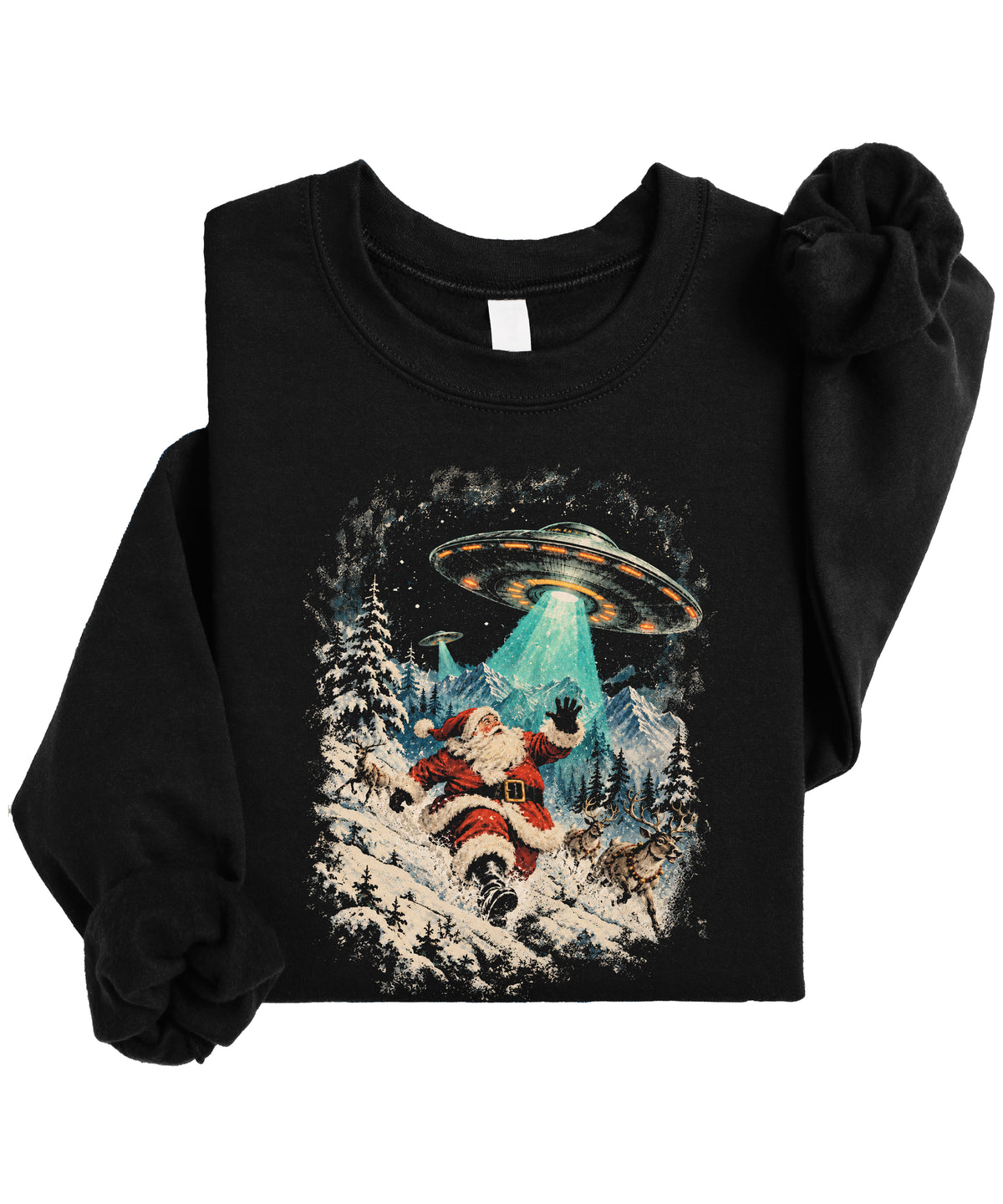 Santa UFO alien abduction funny Christmas sweatshirt in Black - view 7