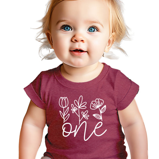 Floral One first birthday shirt for baby girls in vintage burgundy, front view