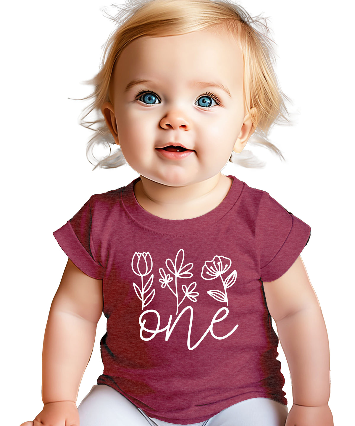 Floral One first birthday shirt for baby girls in vintage burgundy, front view