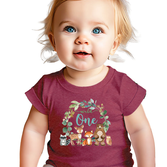 Wild One woodland animals wreath first birthday t-shirt in vintage burgundy for babies