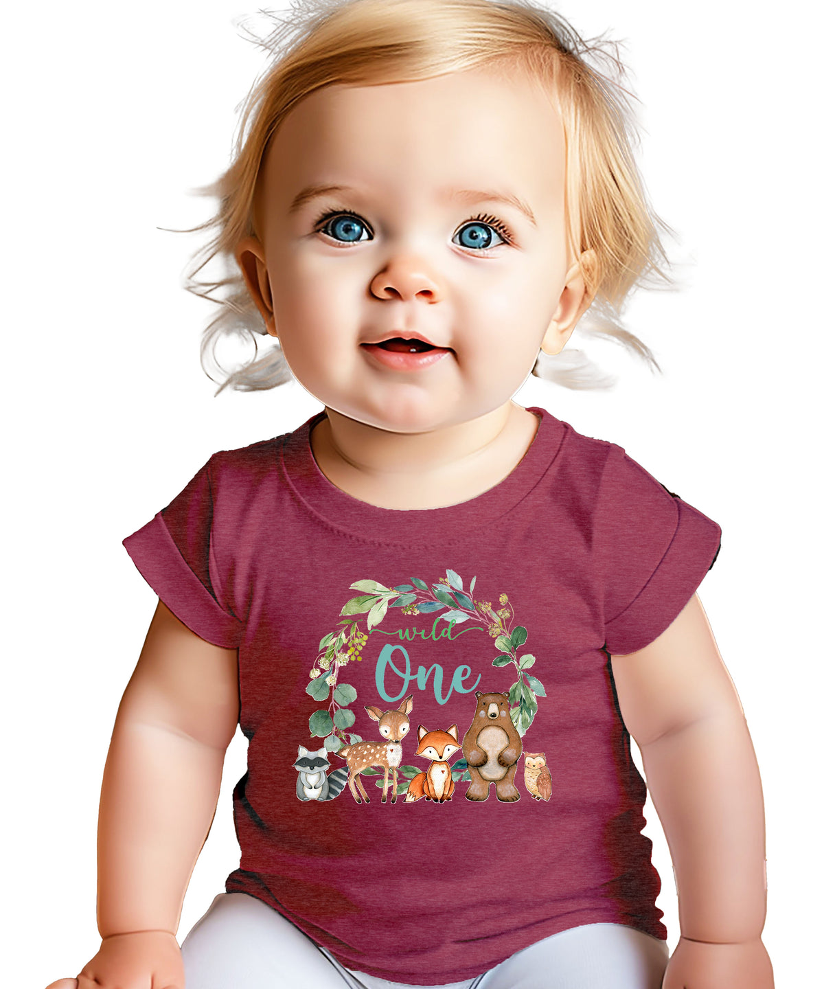 Wild One woodland animals wreath first birthday t-shirt in vintage burgundy for babies