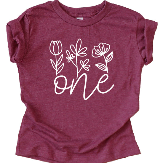 Floral One first birthday shirt for baby girls in vintage burgundy, second view