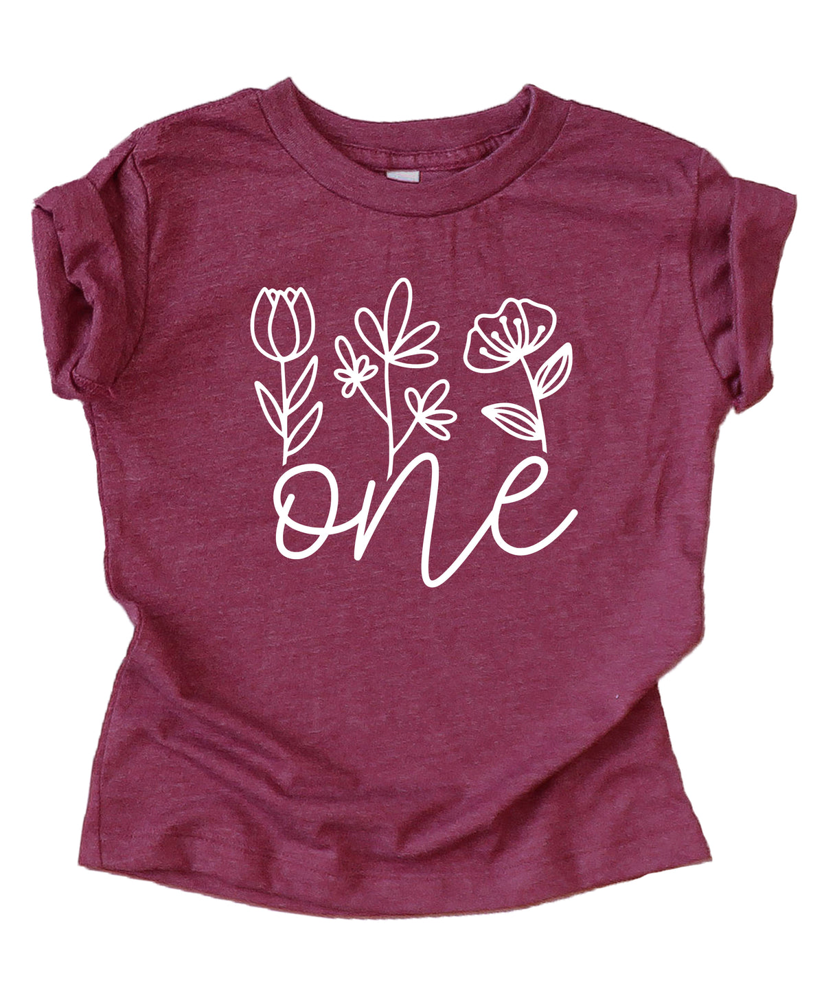 Floral One first birthday shirt for baby girls in vintage burgundy, second view
