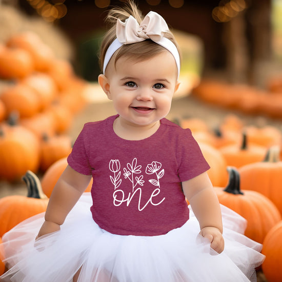Floral One first birthday shirt for baby girls in vintage burgundy, third view