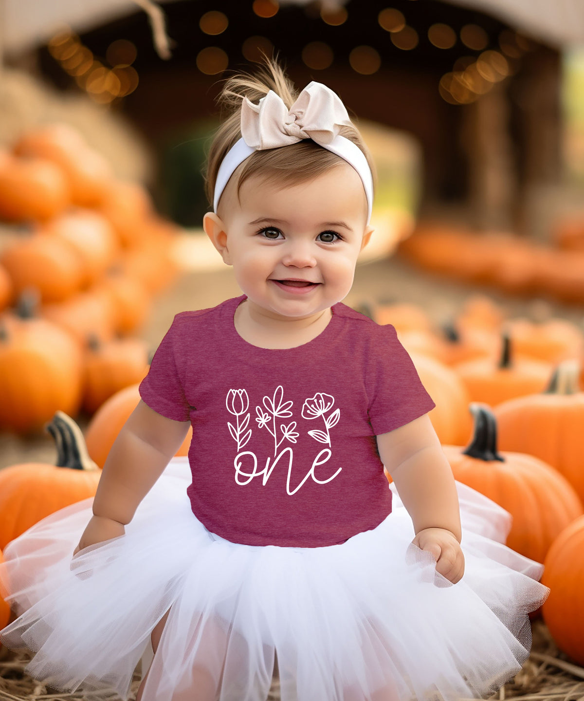 Floral One first birthday shirt for baby girls in vintage burgundy, third view