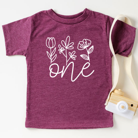 Floral One first birthday shirt for baby girls in vintage burgundy, fourth view