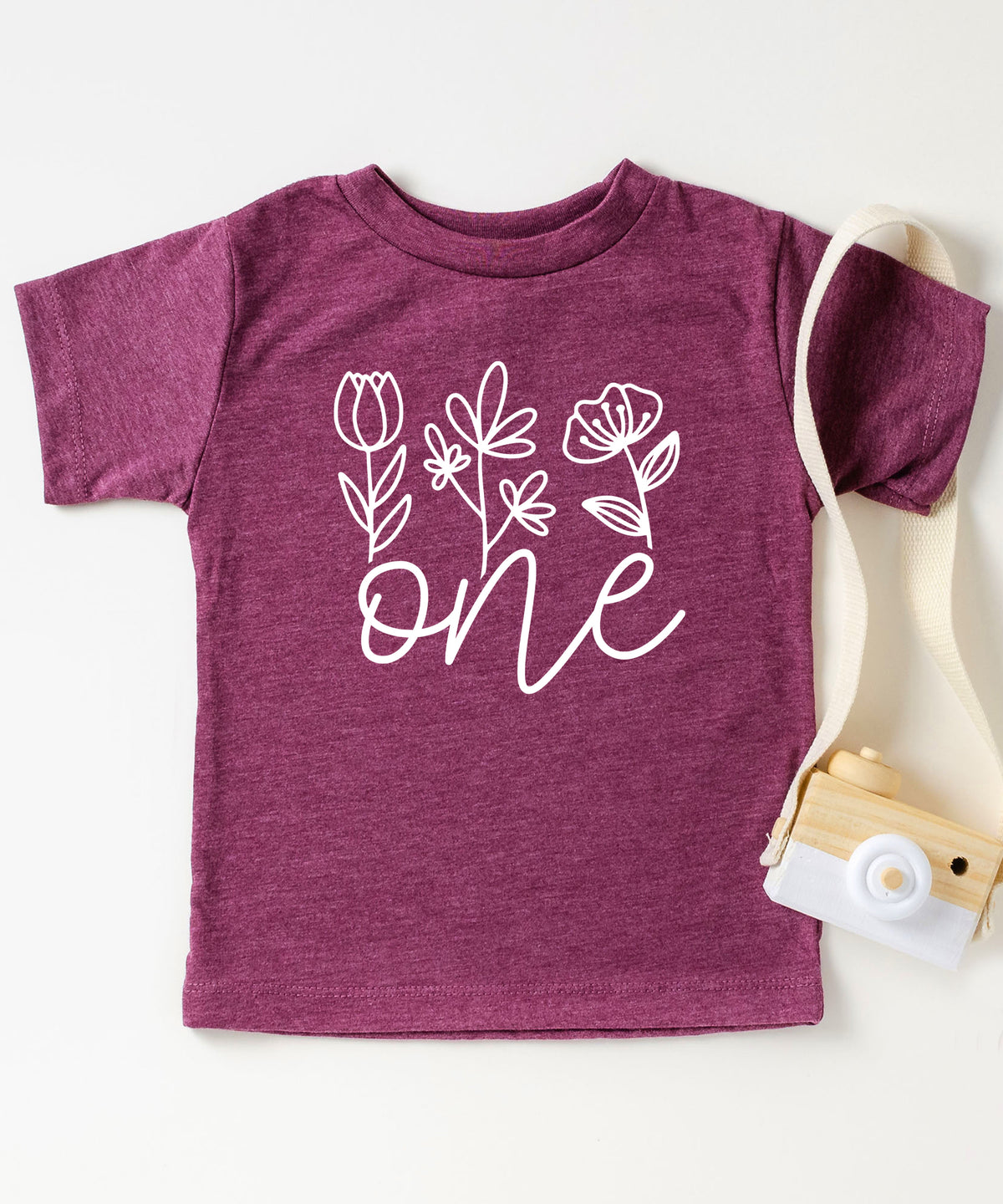 Floral One first birthday shirt for baby girls in vintage burgundy, fourth view