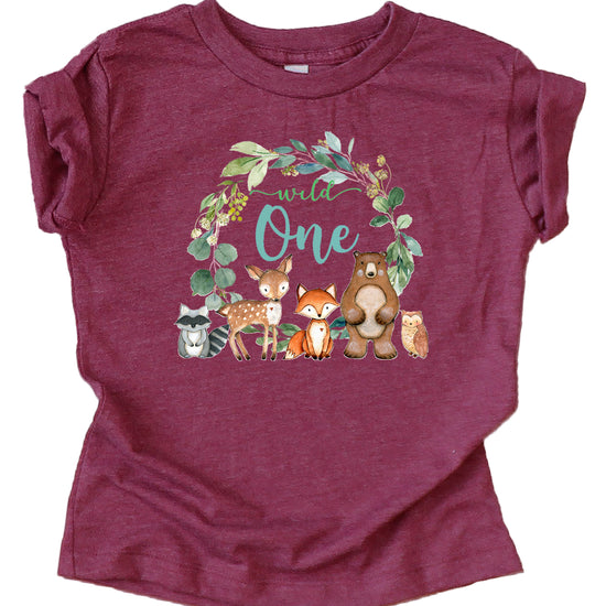 Baby wearing vintage burgundy Wild One woodland animals first birthday shirt