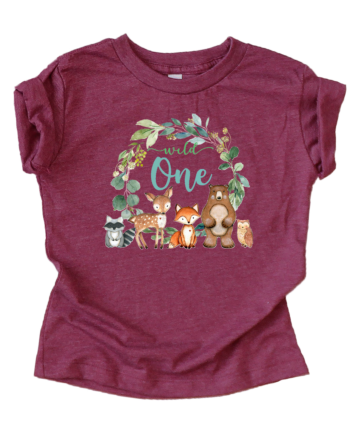Baby wearing vintage burgundy Wild One woodland animals first birthday shirt