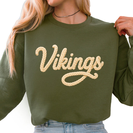 Vikings yarn script school spirit crewneck sweatshirt in Army Green, front view