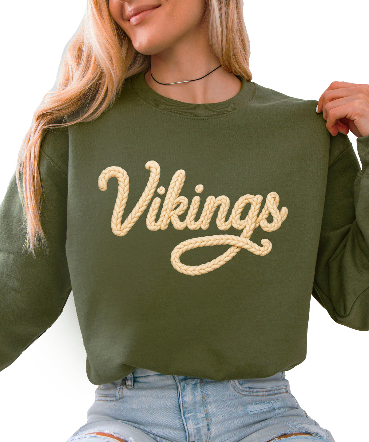 Vikings yarn script school spirit crewneck sweatshirt in Army Green, front view