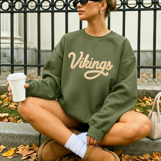 Vikings yarn script school spirit crewneck sweatshirt in Army Green, lifestyle view