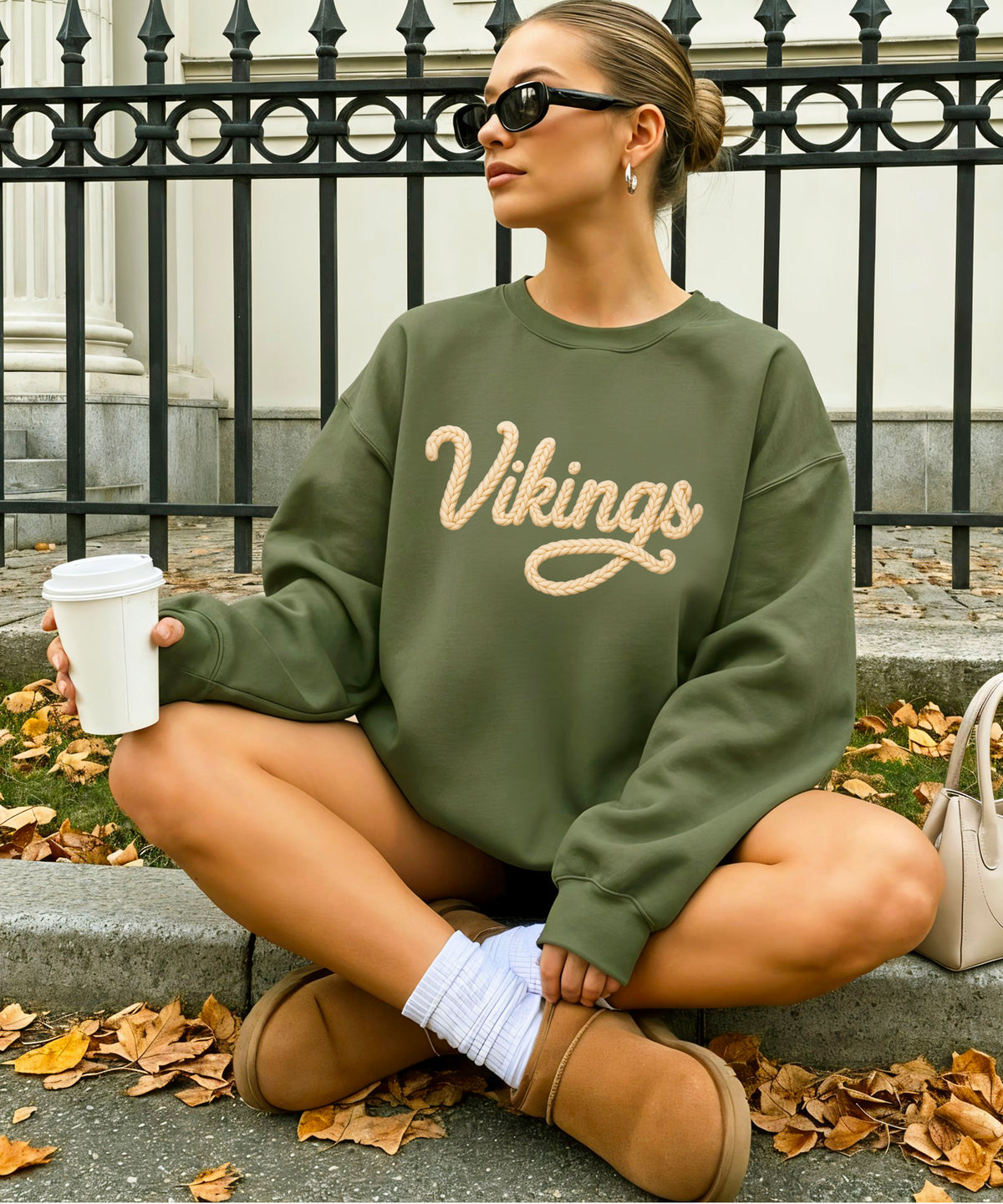 Vikings yarn script school spirit crewneck sweatshirt in Army Green, lifestyle view
