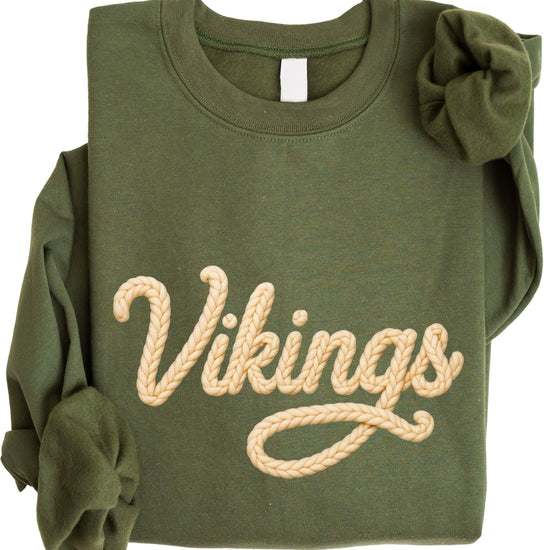 Vikings yarn script school spirit crewneck sweatshirt in Army Green, styled view
