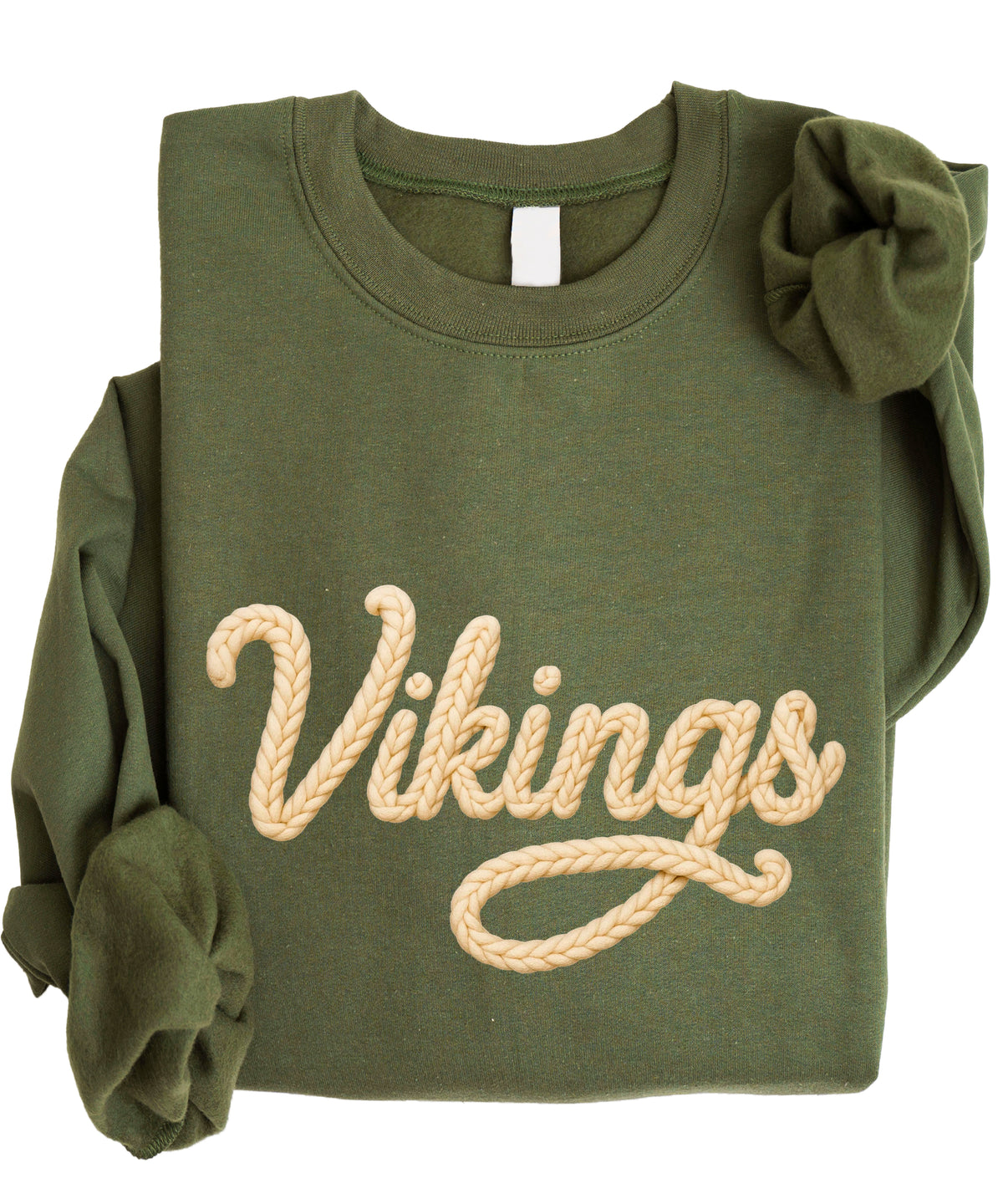 Vikings yarn script school spirit crewneck sweatshirt in Army Green, styled view