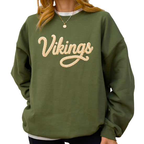 Vikings yarn script school spirit crewneck sweatshirt in Army Green, detail view