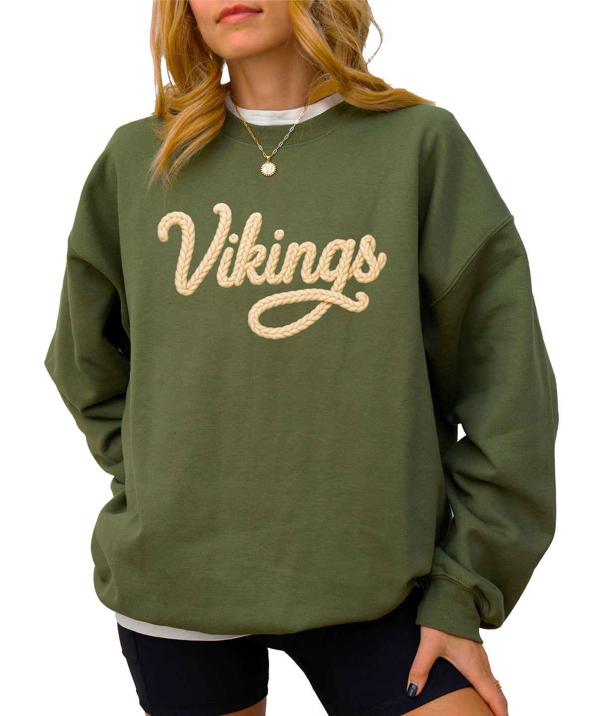 Vikings yarn script school spirit crewneck sweatshirt in Army Green, detail view