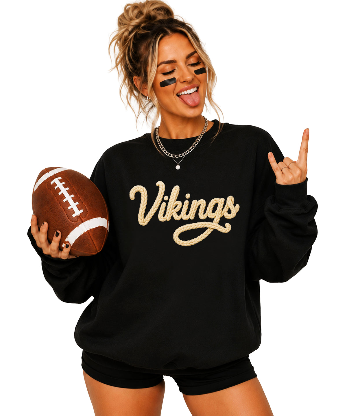 Vikings yarn script school spirit crewneck sweatshirt in Black, lifestyle view