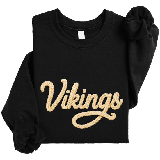 Vikings yarn script school spirit crewneck sweatshirt in Black, styled view