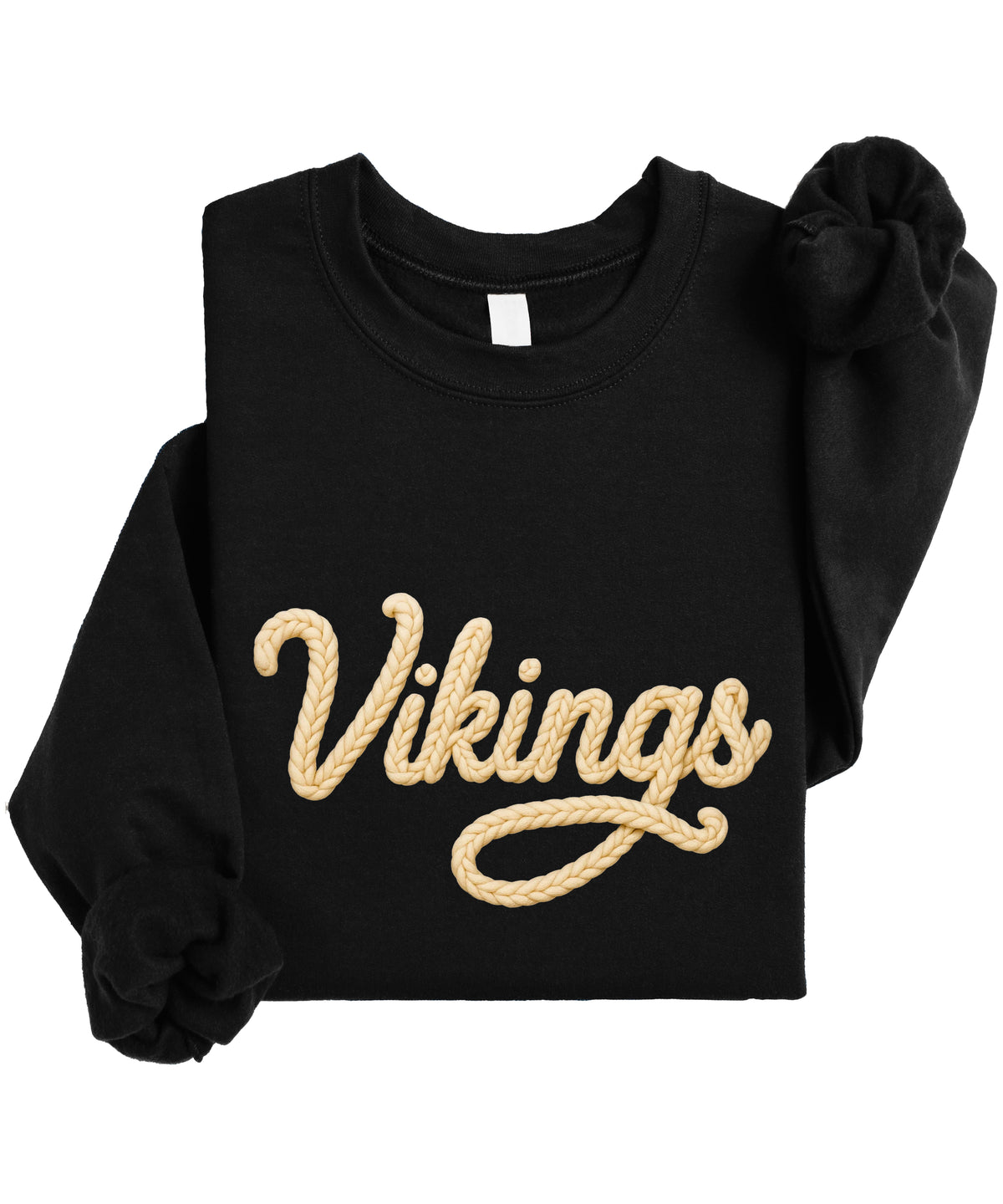 Vikings yarn script school spirit crewneck sweatshirt in Black, styled view