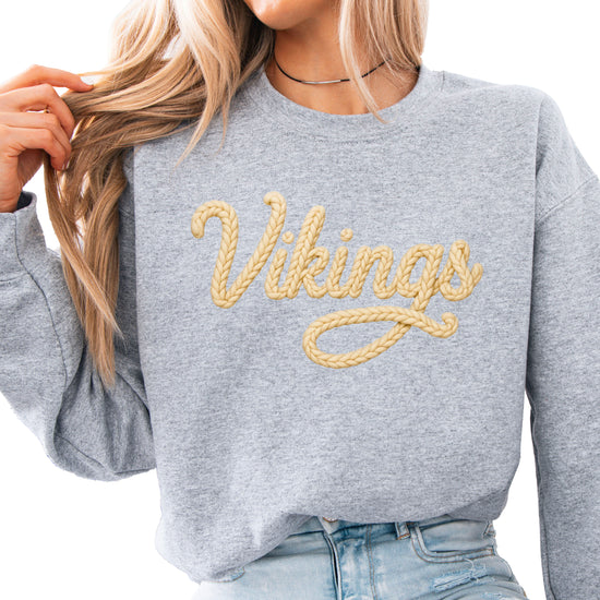 Vikings yarn script school spirit crewneck sweatshirt in Gray, front view