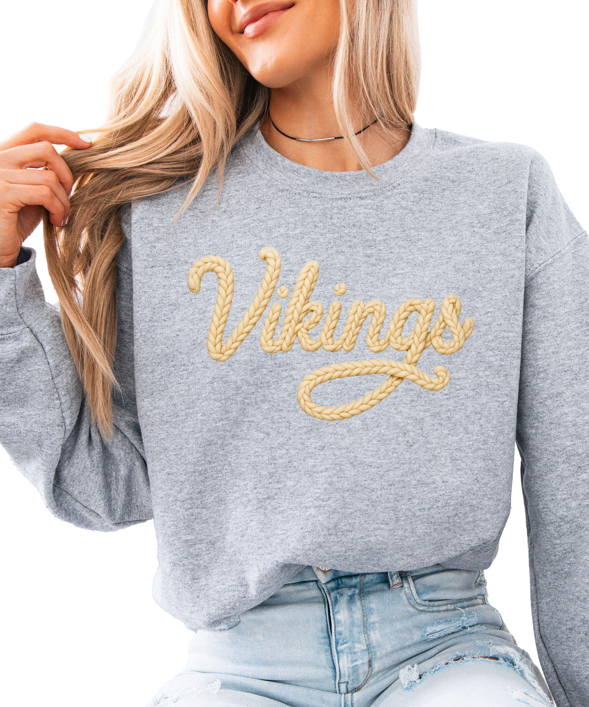 Vikings yarn script school spirit crewneck sweatshirt in Gray, front view