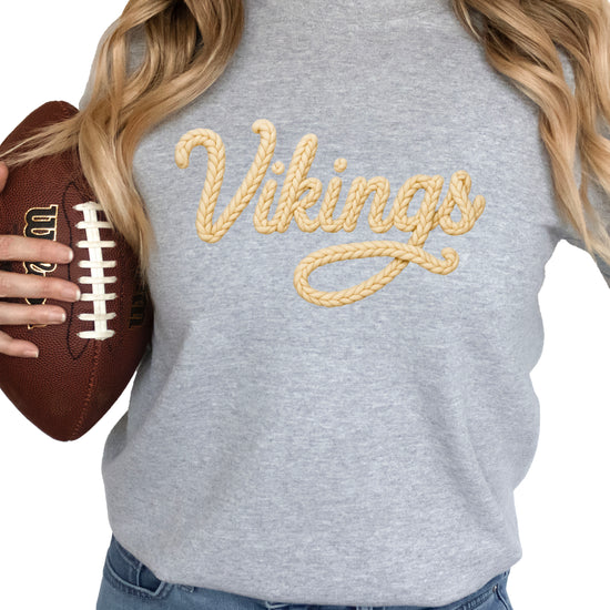 Vikings yarn script school spirit crewneck sweatshirt in Gray, lifestyle view