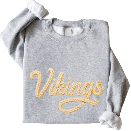 Vikings yarn script school spirit crewneck sweatshirt in Gray, styled view