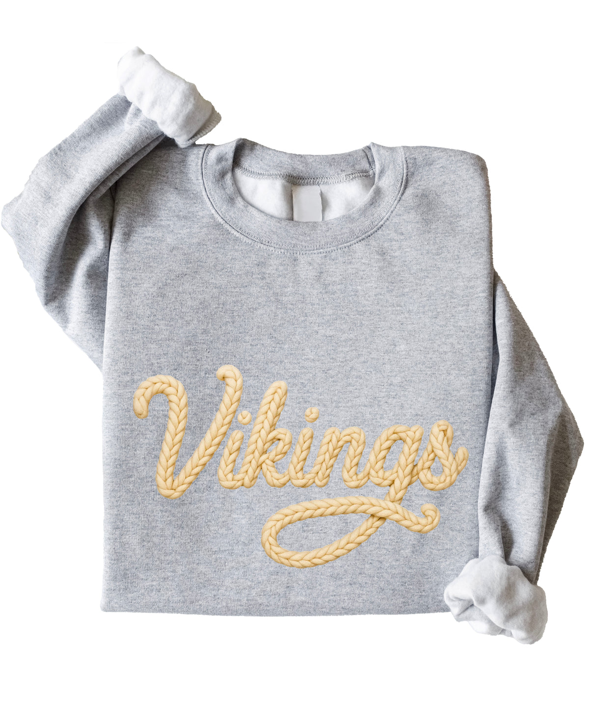 Vikings yarn script school spirit crewneck sweatshirt in Gray, styled view