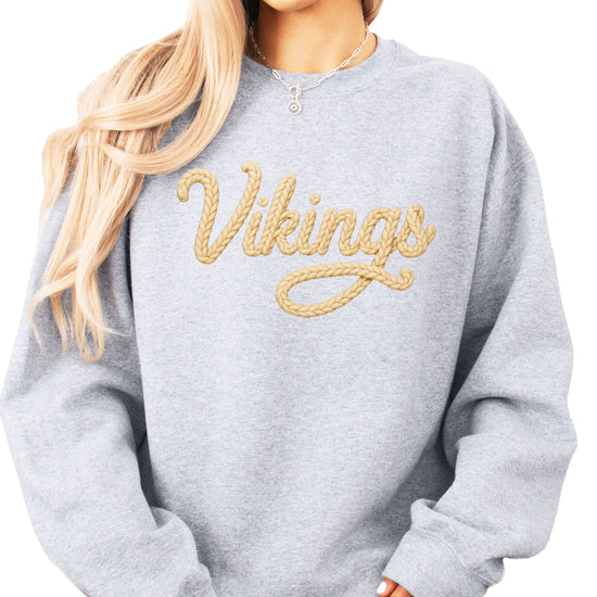 Vikings yarn script school spirit crewneck sweatshirt in Gray, detail view