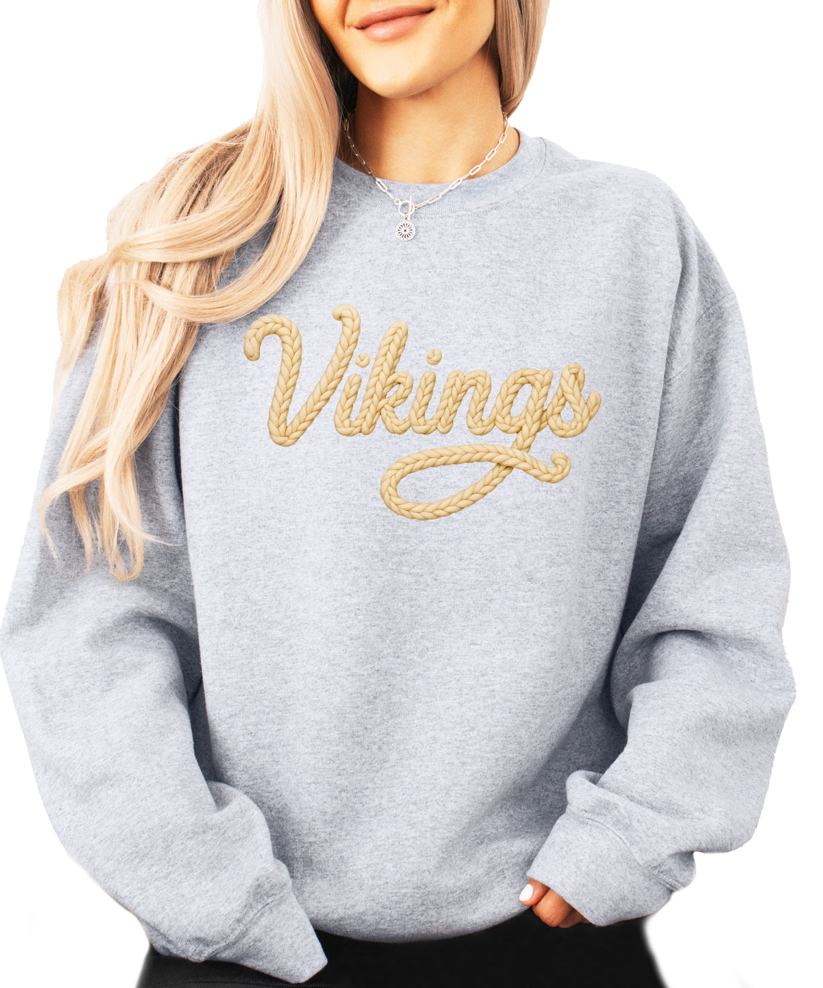 Vikings yarn script school spirit crewneck sweatshirt in Gray, detail view
