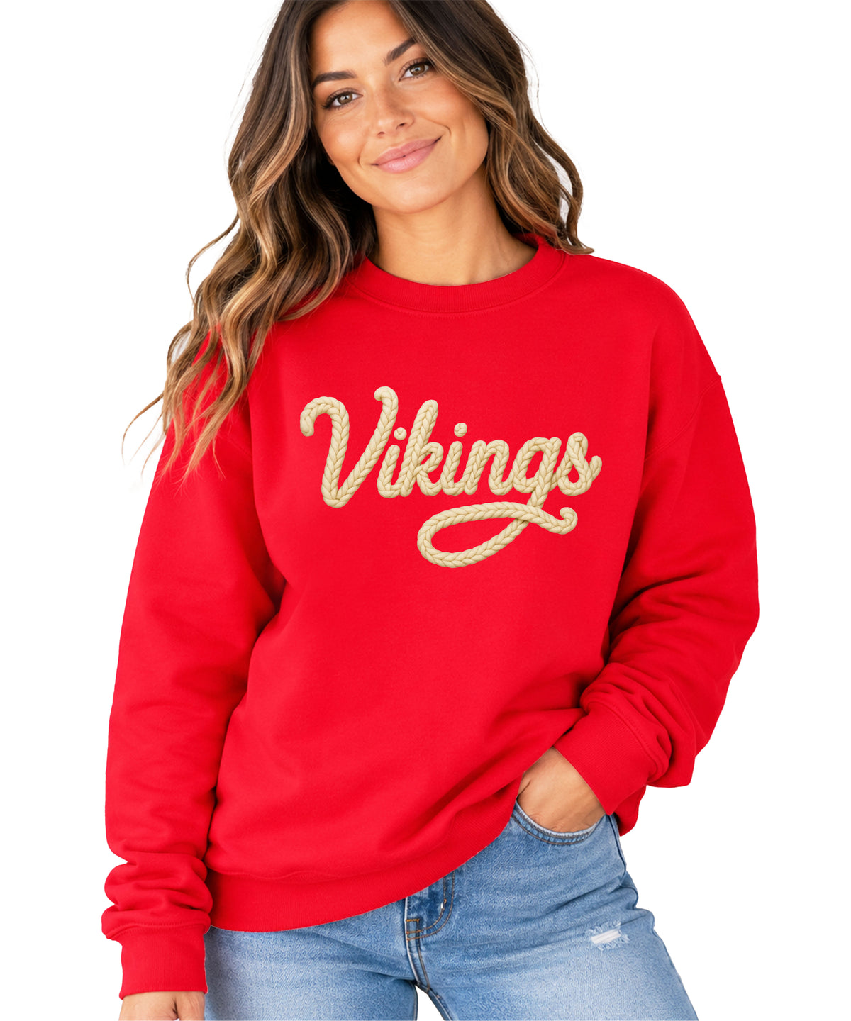 Vikings yarn script school spirit crewneck sweatshirt in Red, front view