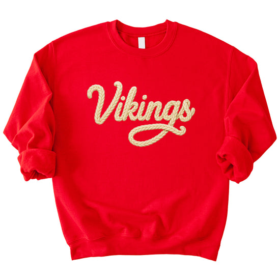 Vikings yarn script school spirit crewneck sweatshirt in Red, styled view
