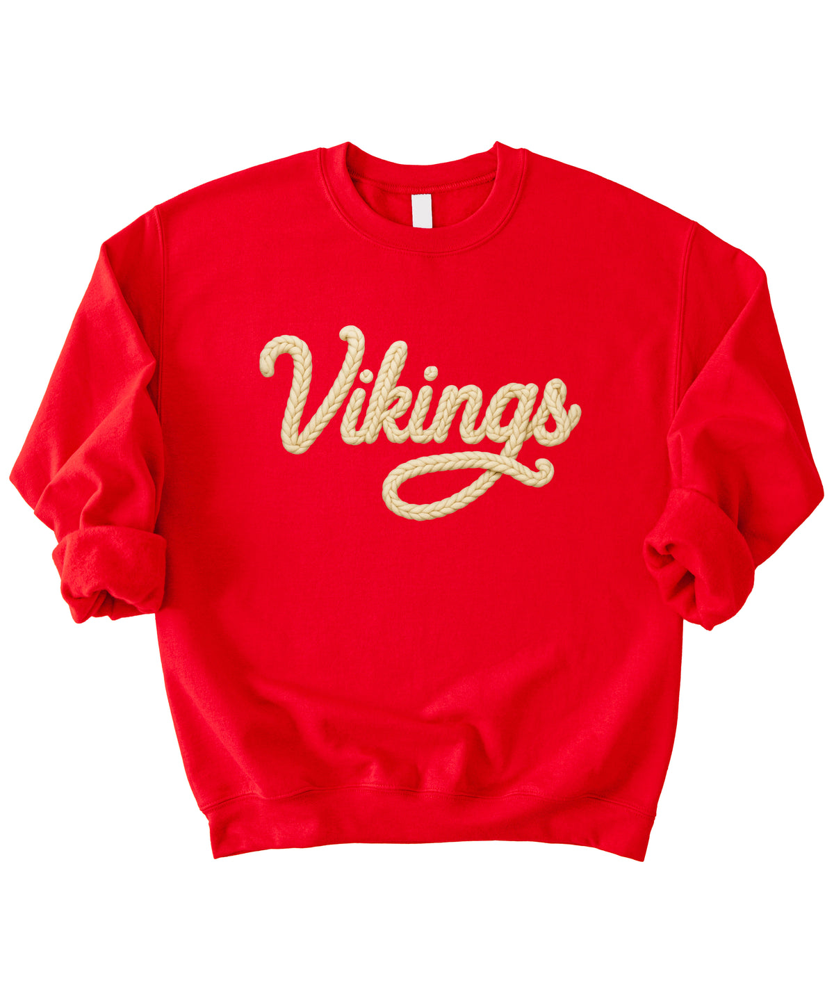 Vikings yarn script school spirit crewneck sweatshirt in Red, styled view