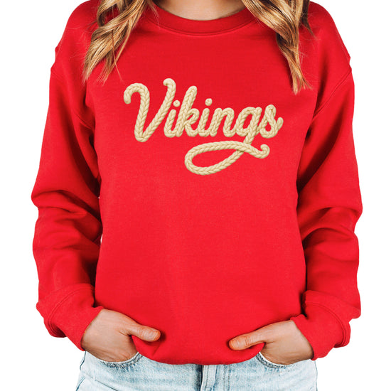 Vikings yarn script school spirit crewneck sweatshirt in Red, detail view