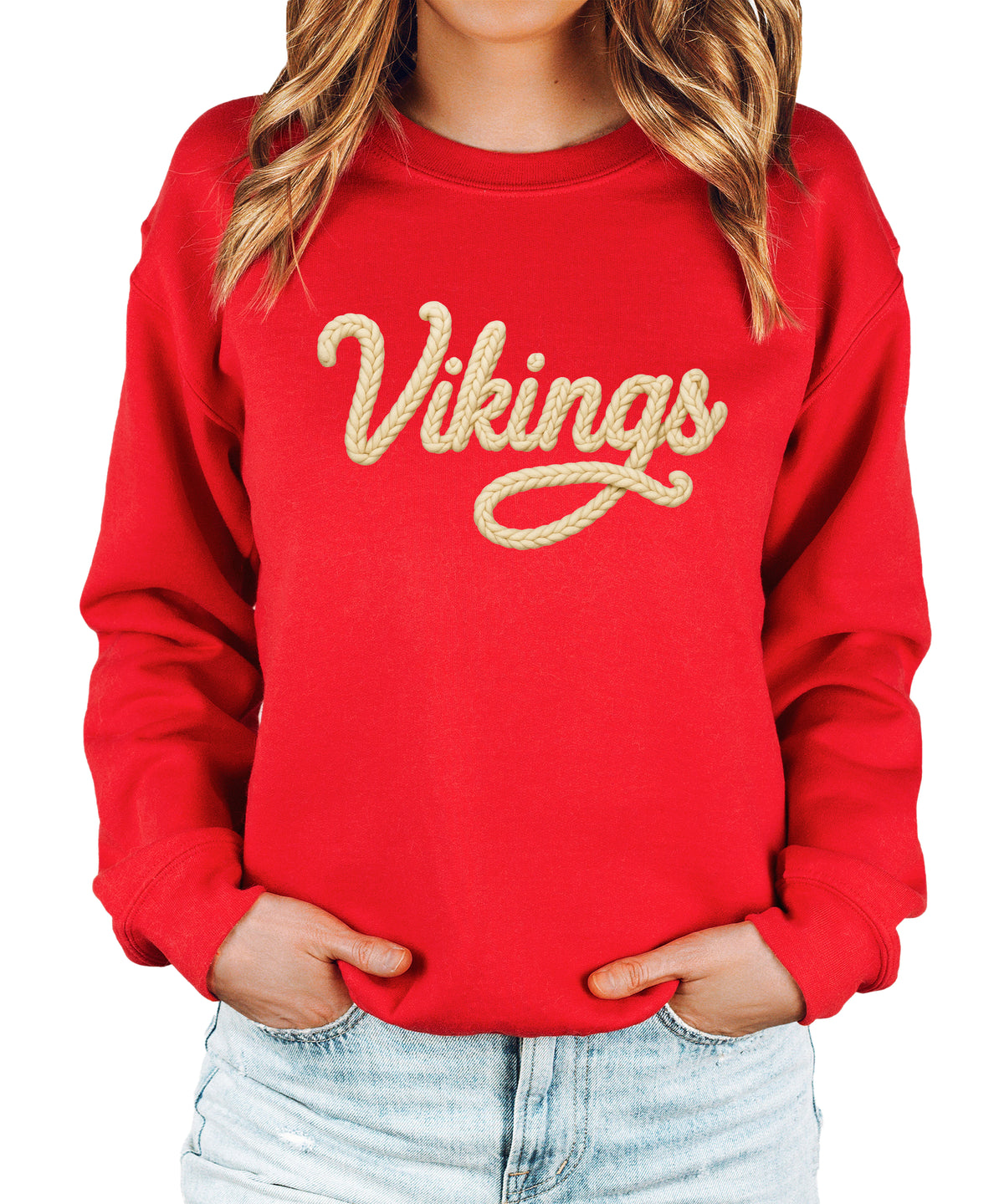 Vikings yarn script school spirit crewneck sweatshirt in Red, detail view